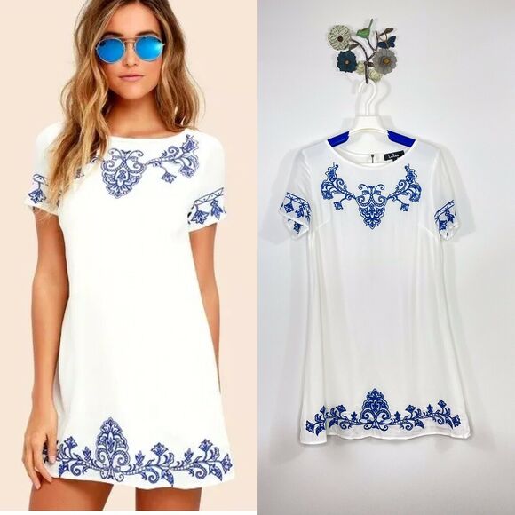 Lulus Dresses & Skirts - LULUS Women's Blue White Embroidered Tale To Tell Shift Dress Size Small Lined